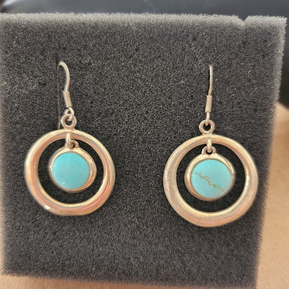 NF 925 Sterling Silver Turquoise Concentric Dangle Earrings
